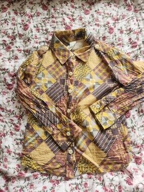 kate quinn Yellow and Brown Geometric Patchwork Button-Down Shirt